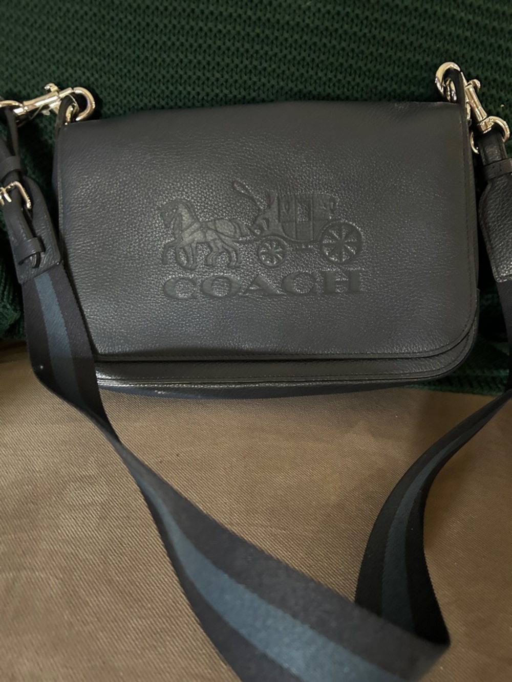 Coach Navy BlueLeather Crossbody with Embossed Carriage and Striped Strap